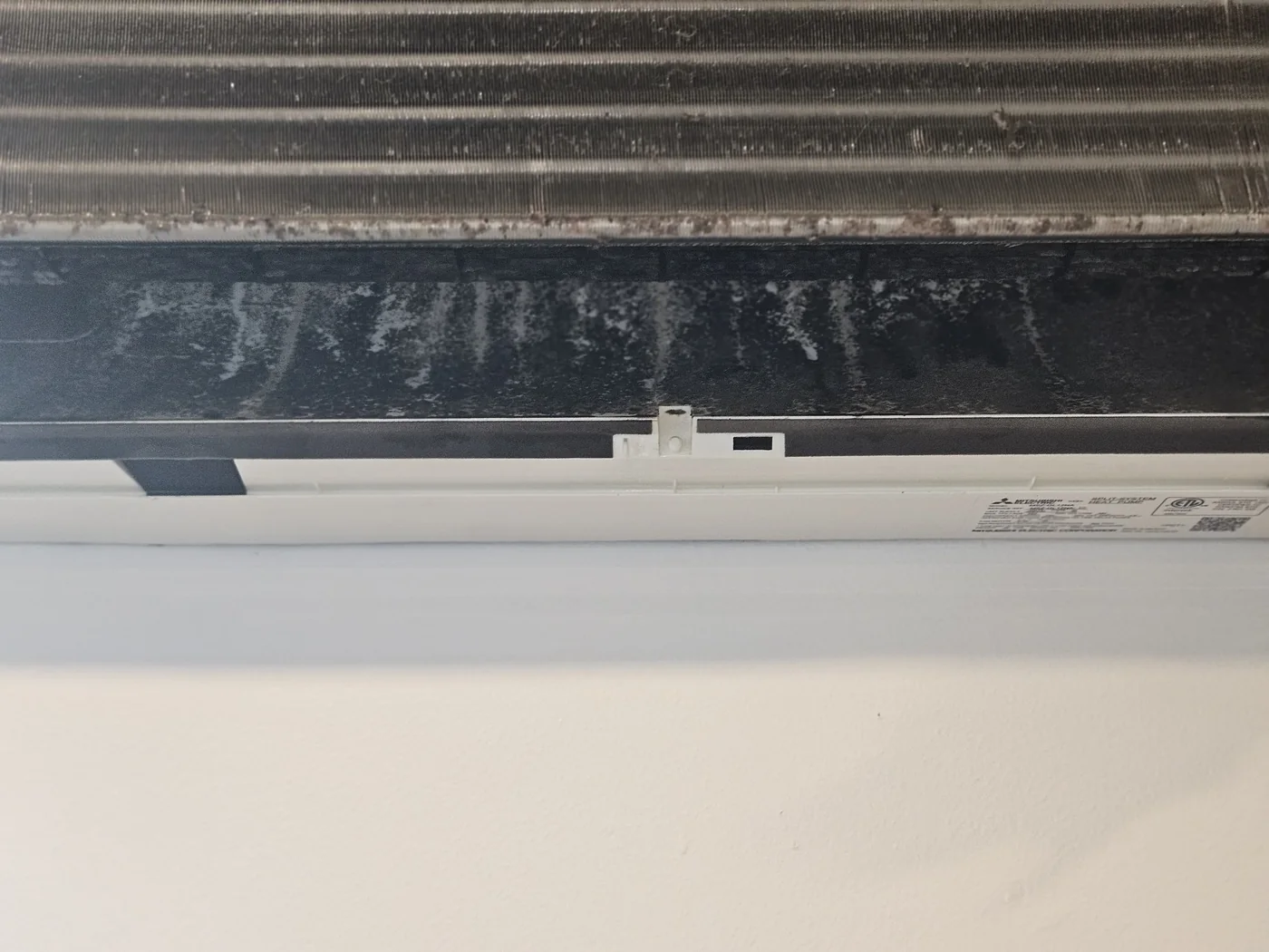 Mitsubishi mini-split coil and blower wheel before cleaning, heavy dust and mold on the wheel