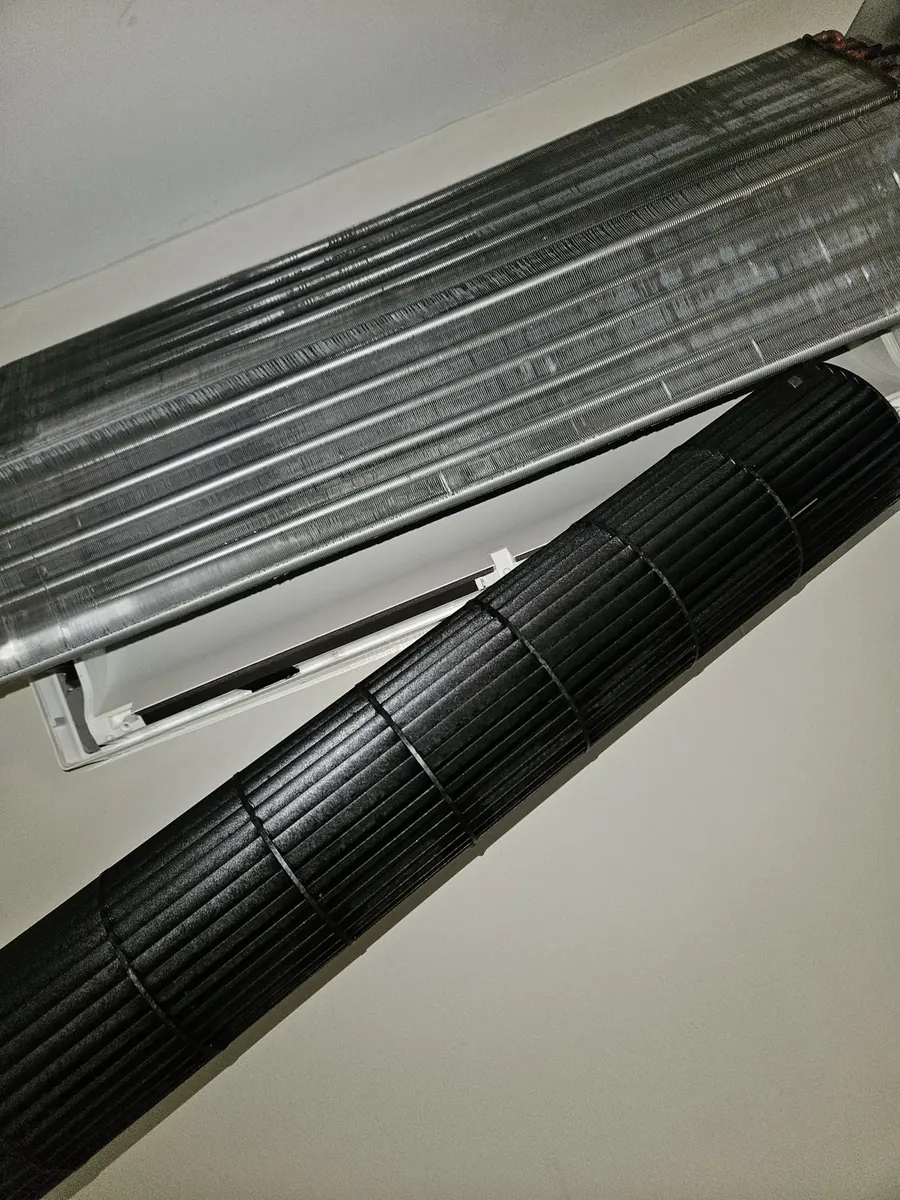 Blower wheel removed alongside the cleaned coil during a Chelmsford deep clean
