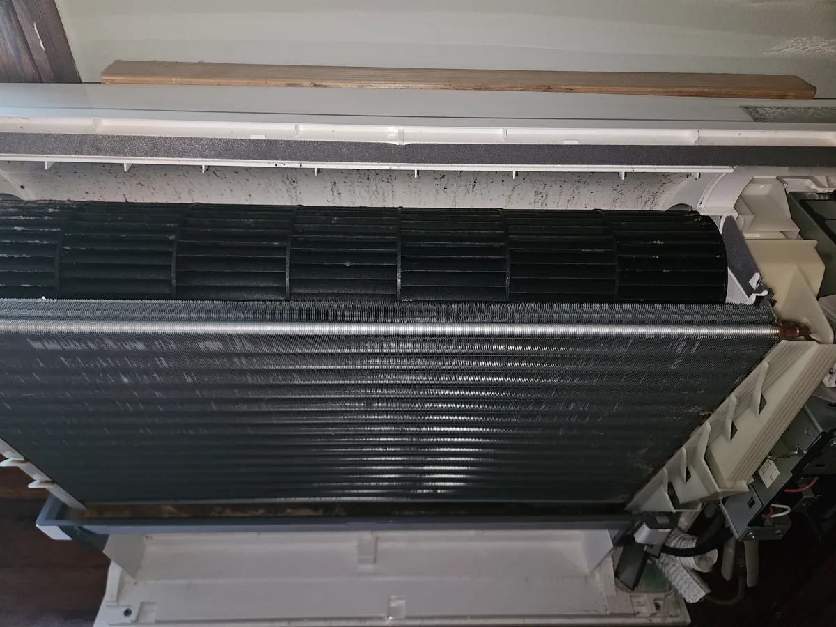 Blackened blower wheel and dirty evaporator coil, Chelmsford MA mini-split
