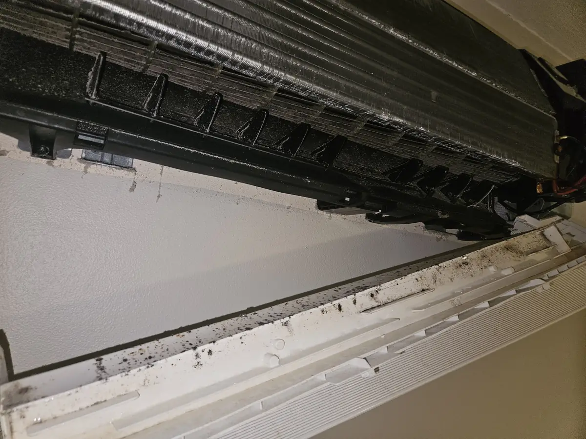 Dirty evaporator coil and drain pan inside an LG mini-split in Franklin, MA before cleaning