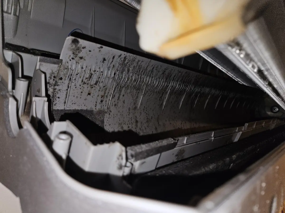 Mold speckled through the housing of a Daikin heat pump head in Londonderry, NH
